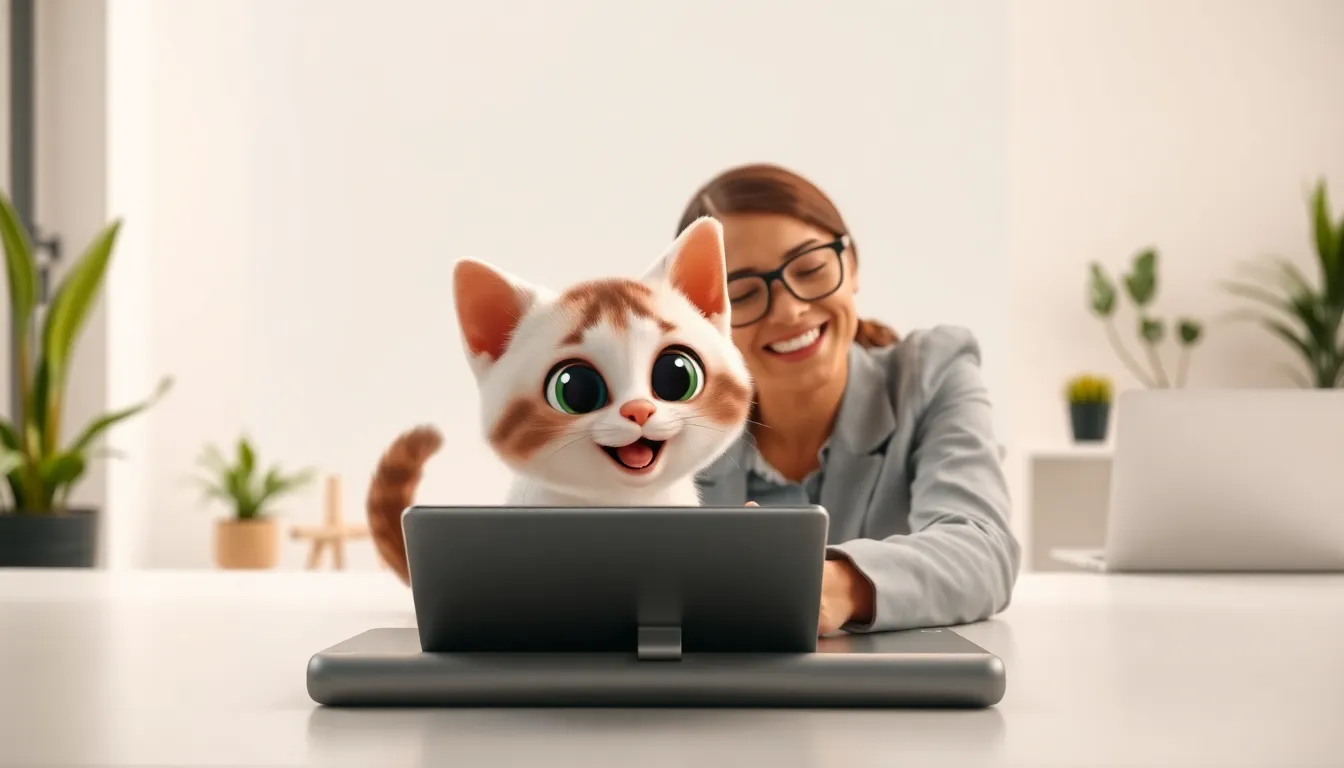A user interacts with a virtual cat on a tablet in a modern office.
