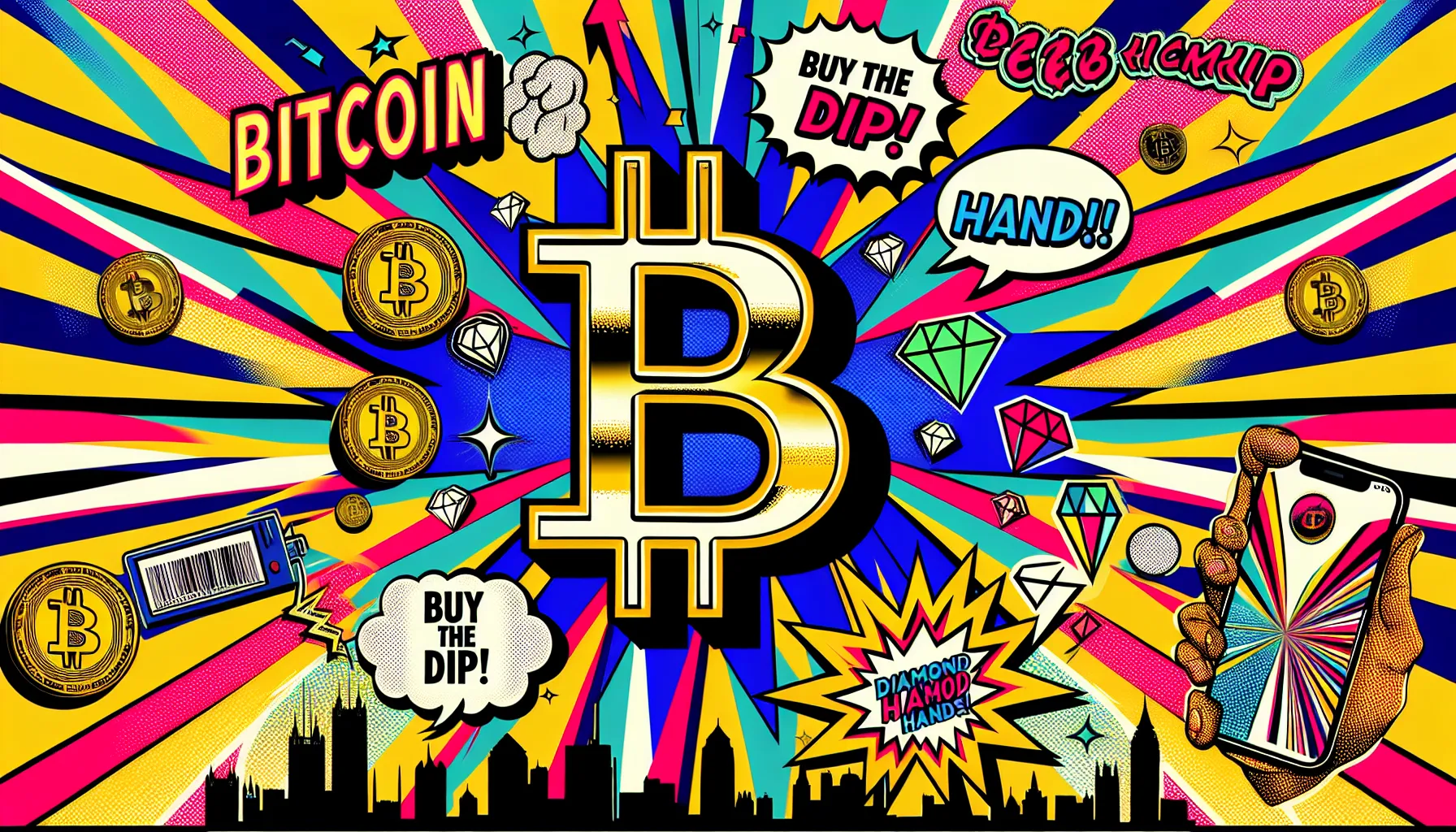 Golden Bitcoin symbol with comic speech bubbles and memes in bold pop art style.