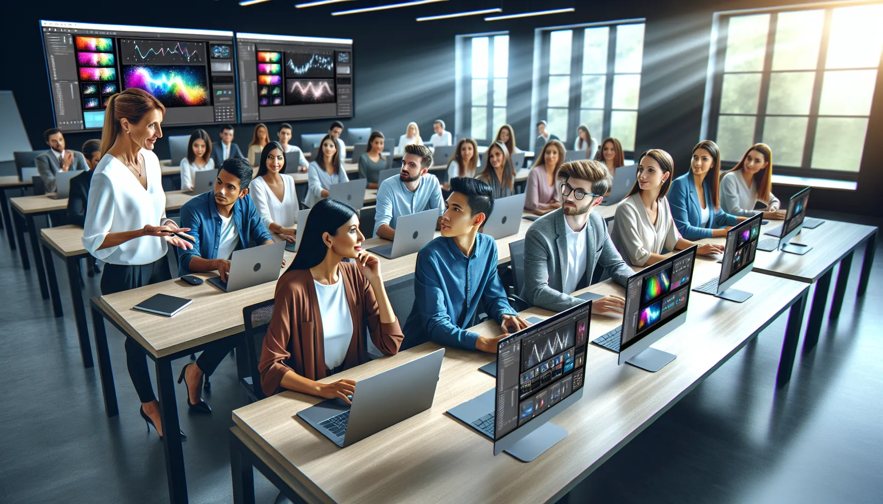 diverse learners engaged in a Photoshop course in a modern classroom.