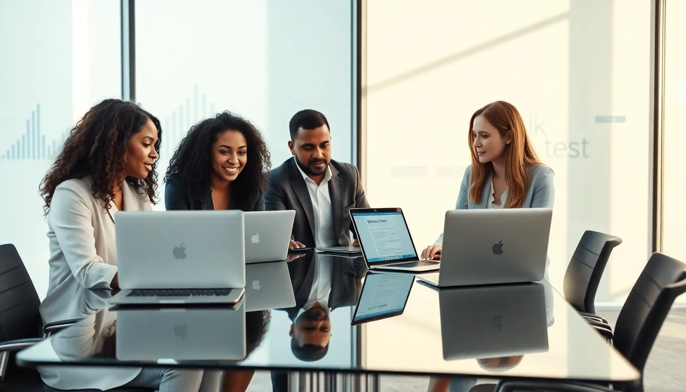 diverse team discussing software testing tools in a modern office.