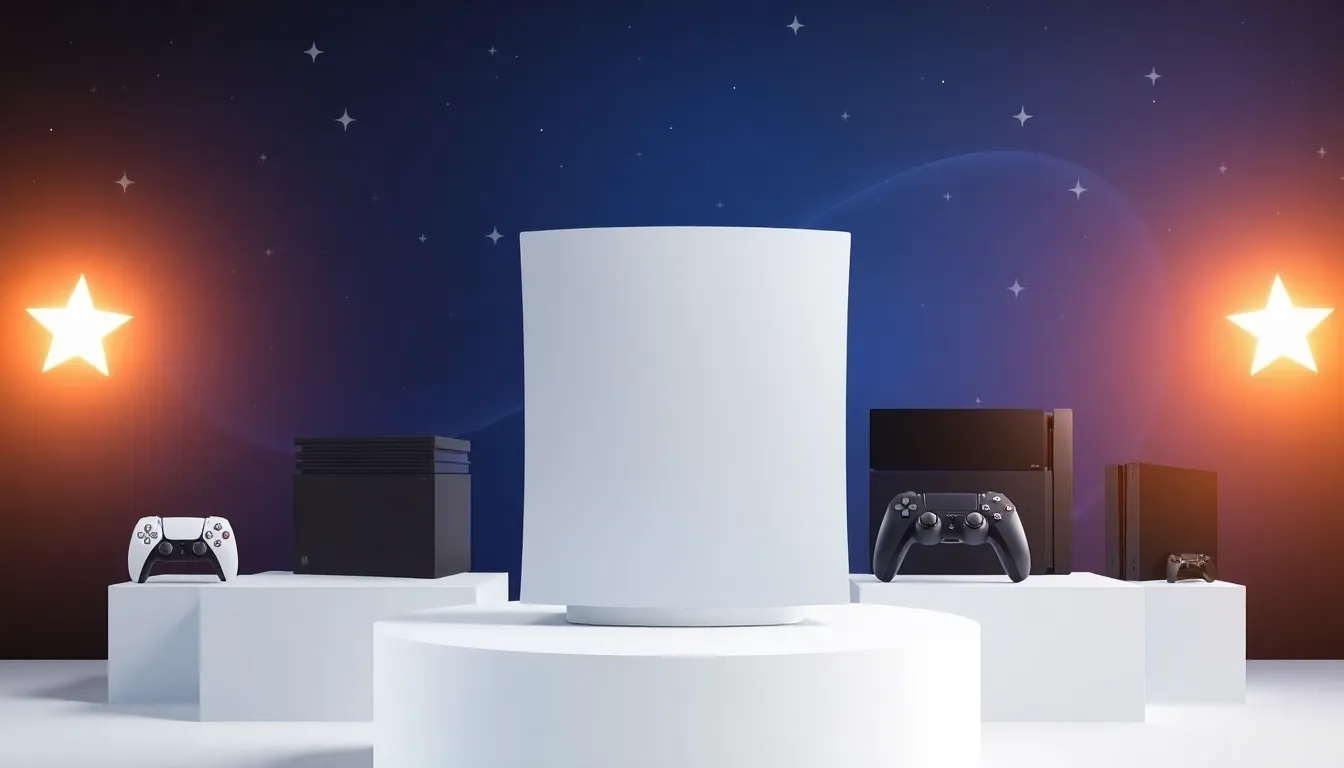 A collage of PlayStation consoles from PS1 to PS5 on a sleek background.