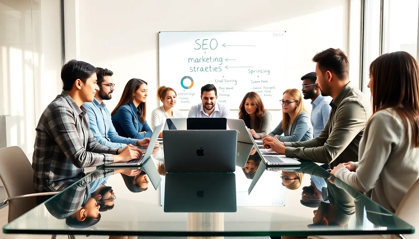 diverse team discussing digital visibility strategies in a modern office.