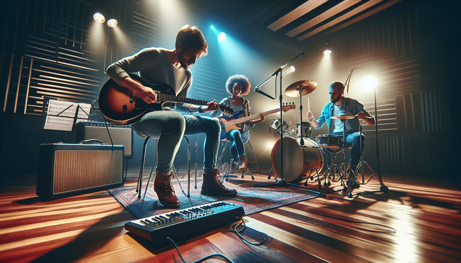 diverse musicians in a studio playing lively 6/8 time signature music.