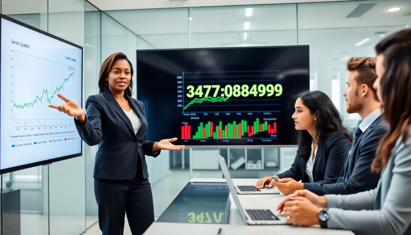 diverse team collaborating in a modern office setting around a digital screen.