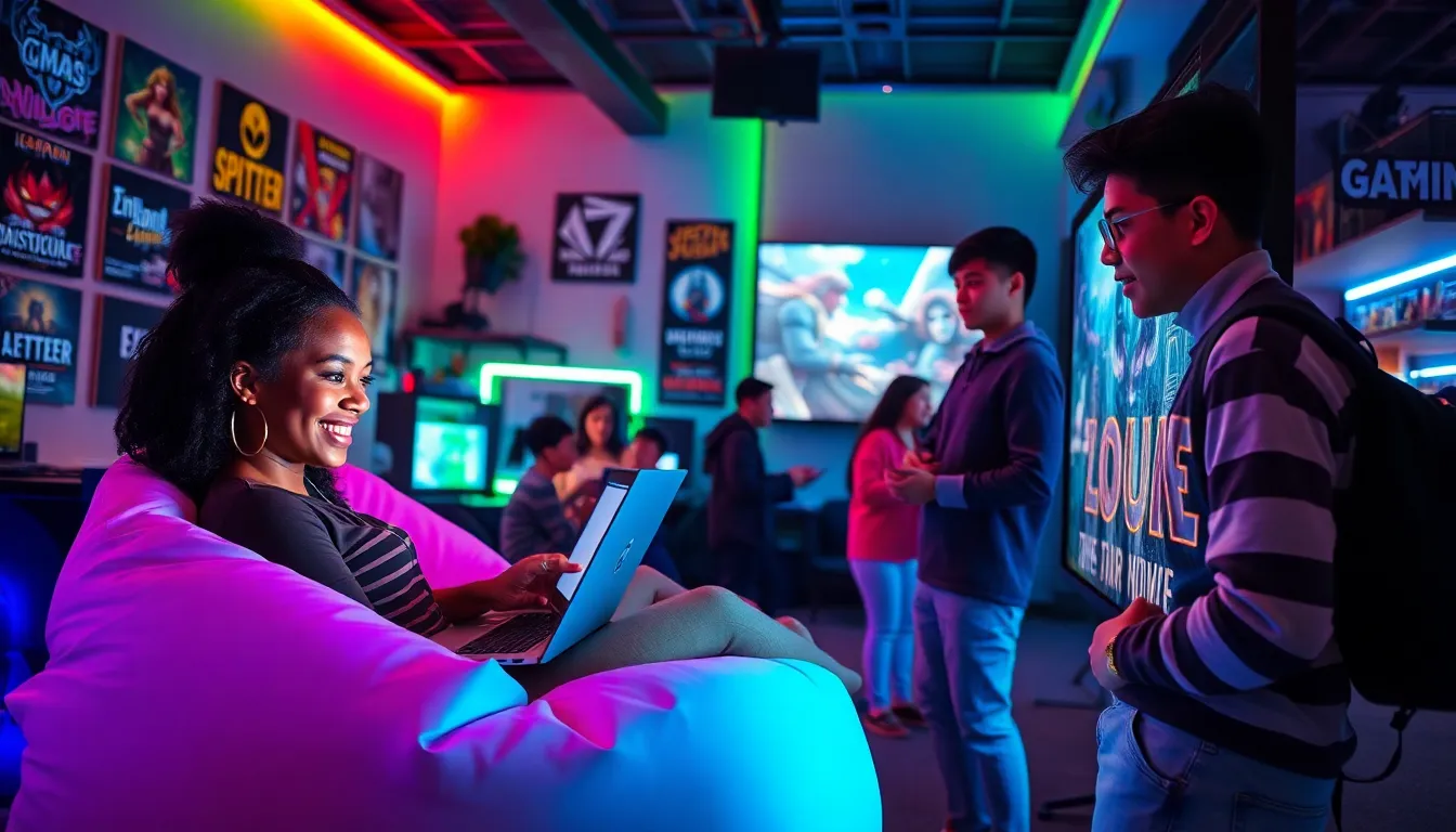 a diverse group of gamers enjoying a vibrant gaming lounge together.