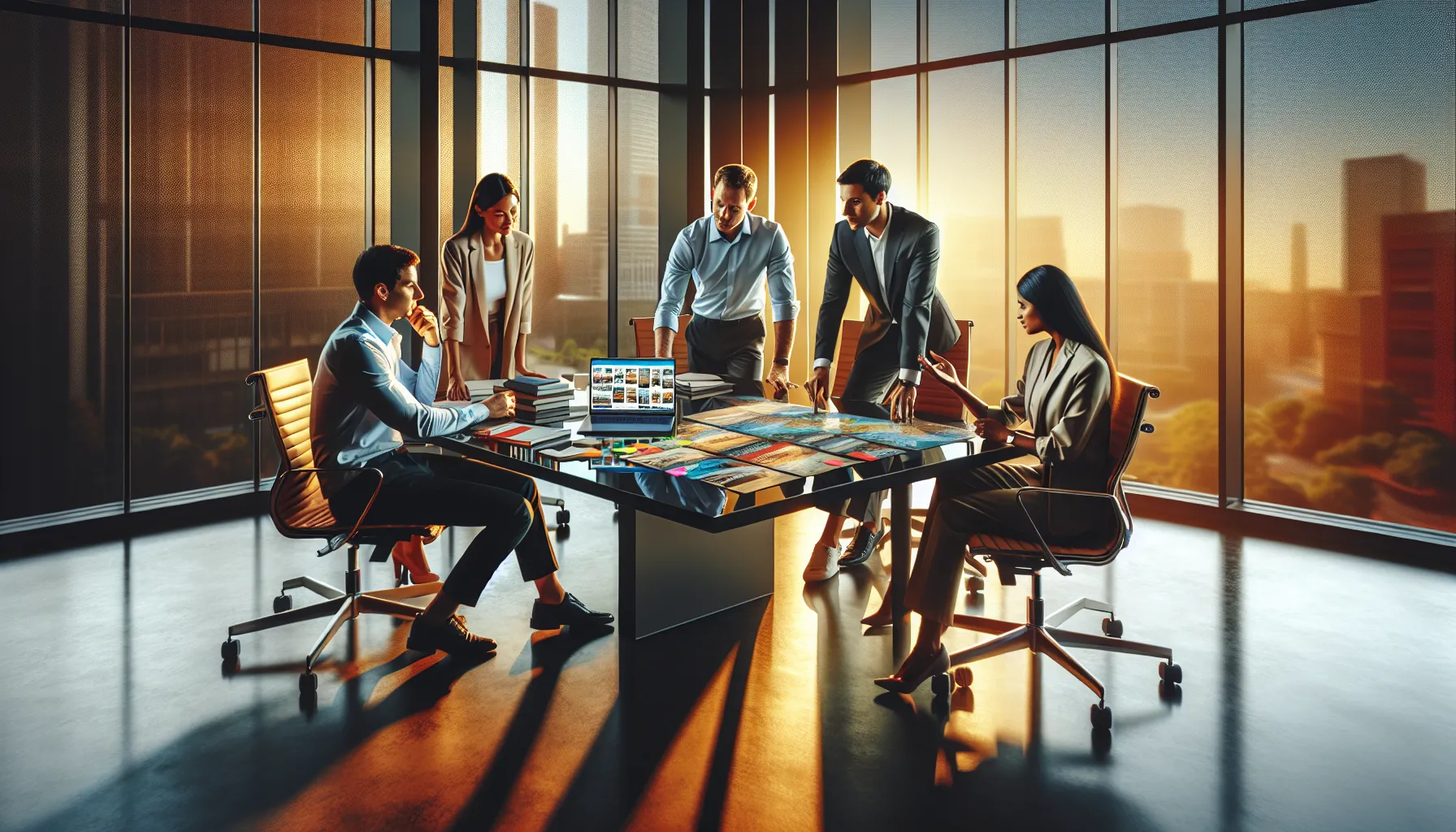 diverse team collaborating on travel plans in a modern office.