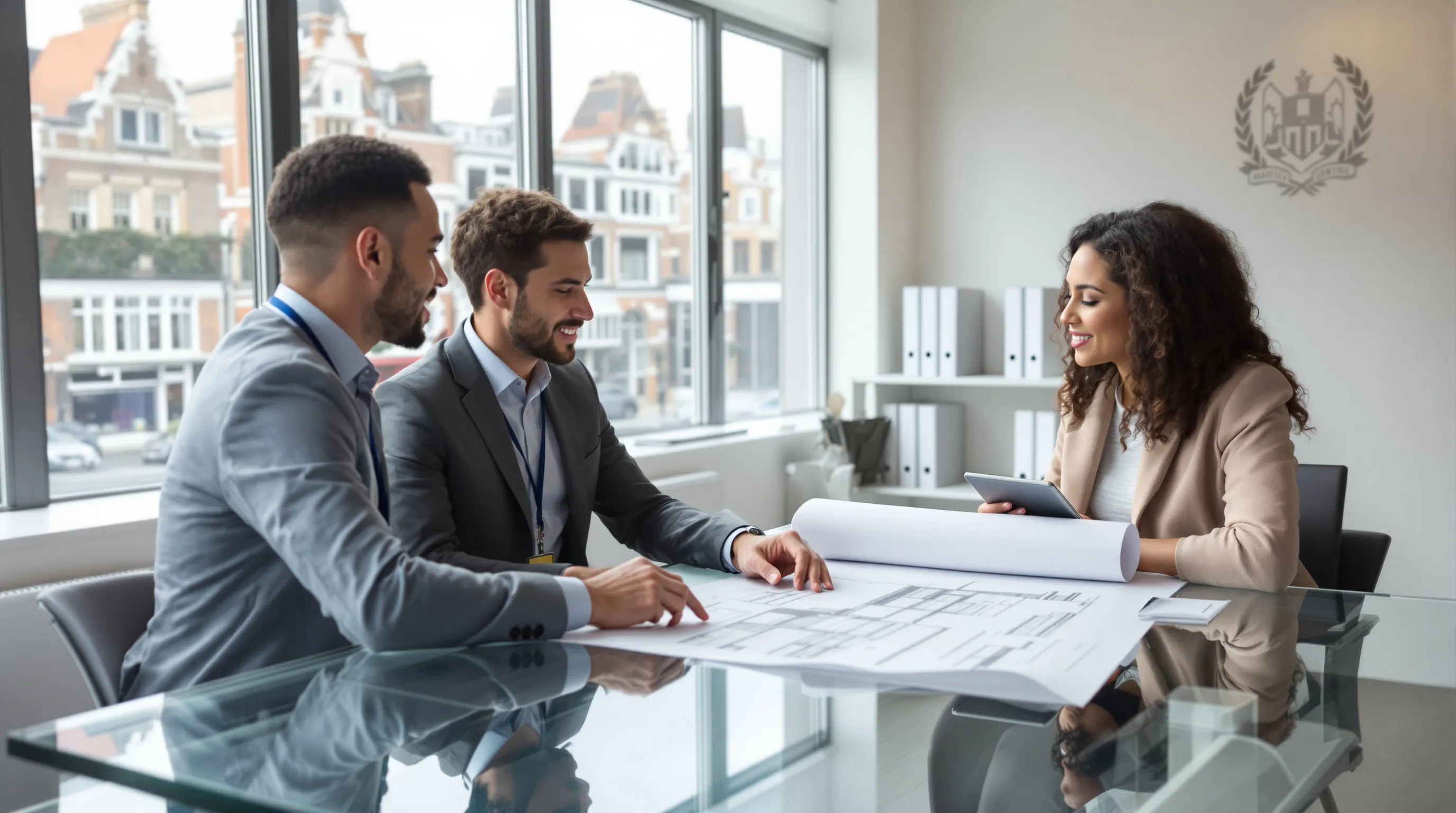 Planning officer advising couple over architectural plans in modern UK council office.