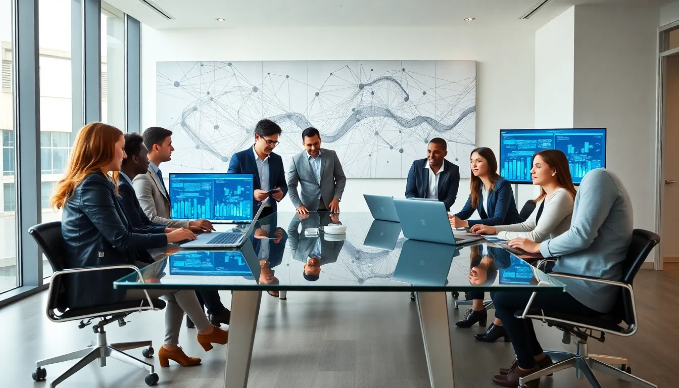 diverse team collaborating on data management solutions in a modern office.