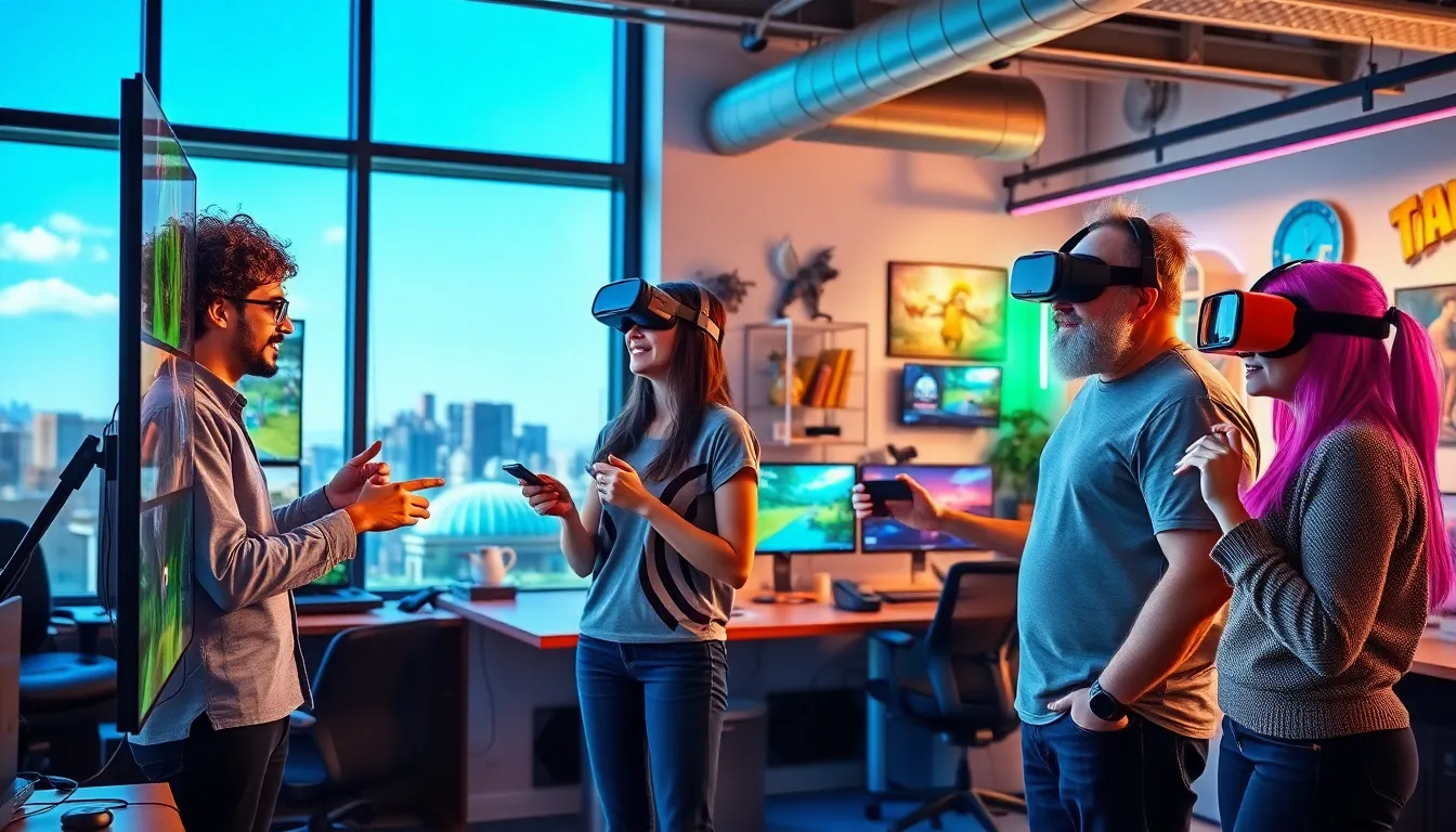 a diverse group of gamers collaborating in a modern tech workspace.