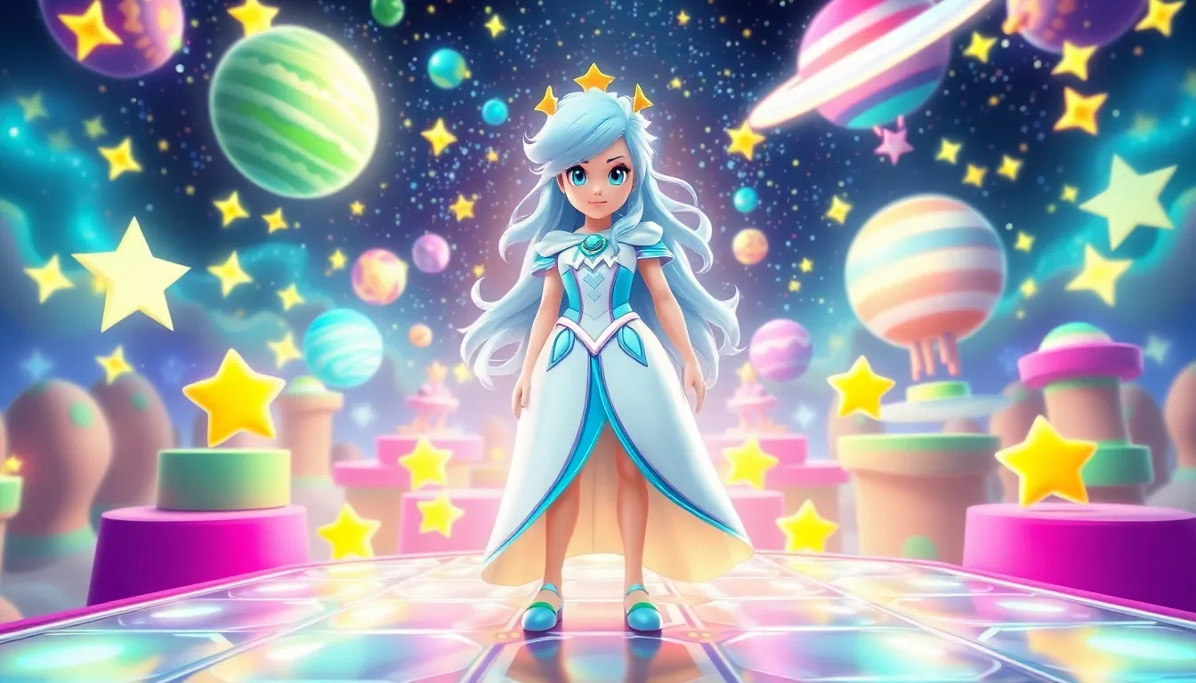 Rosalina using her powers surrounded by colorful Lumas in a cosmic landscape.