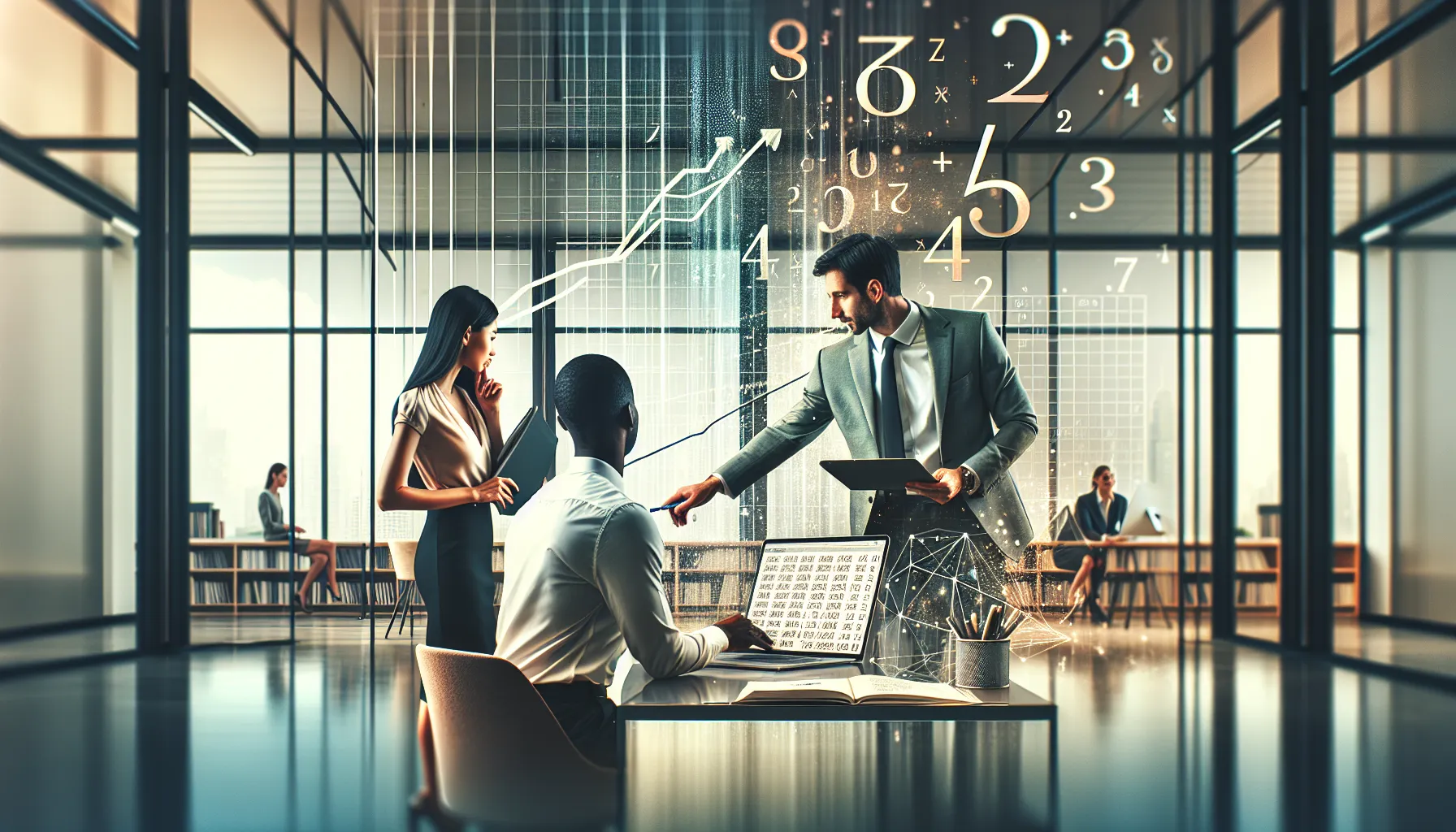 professionals discussing calculations in a modern office setting.