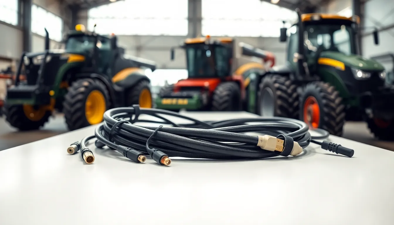 Close-up of an agriculture wiring harness in a modern workshop.