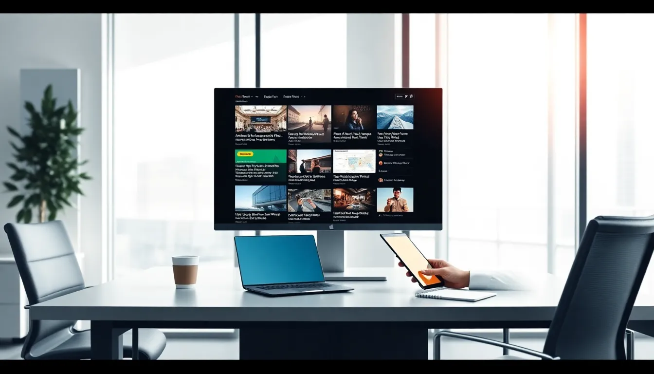 a professional workspace showcasing diverse articles on a monitor.