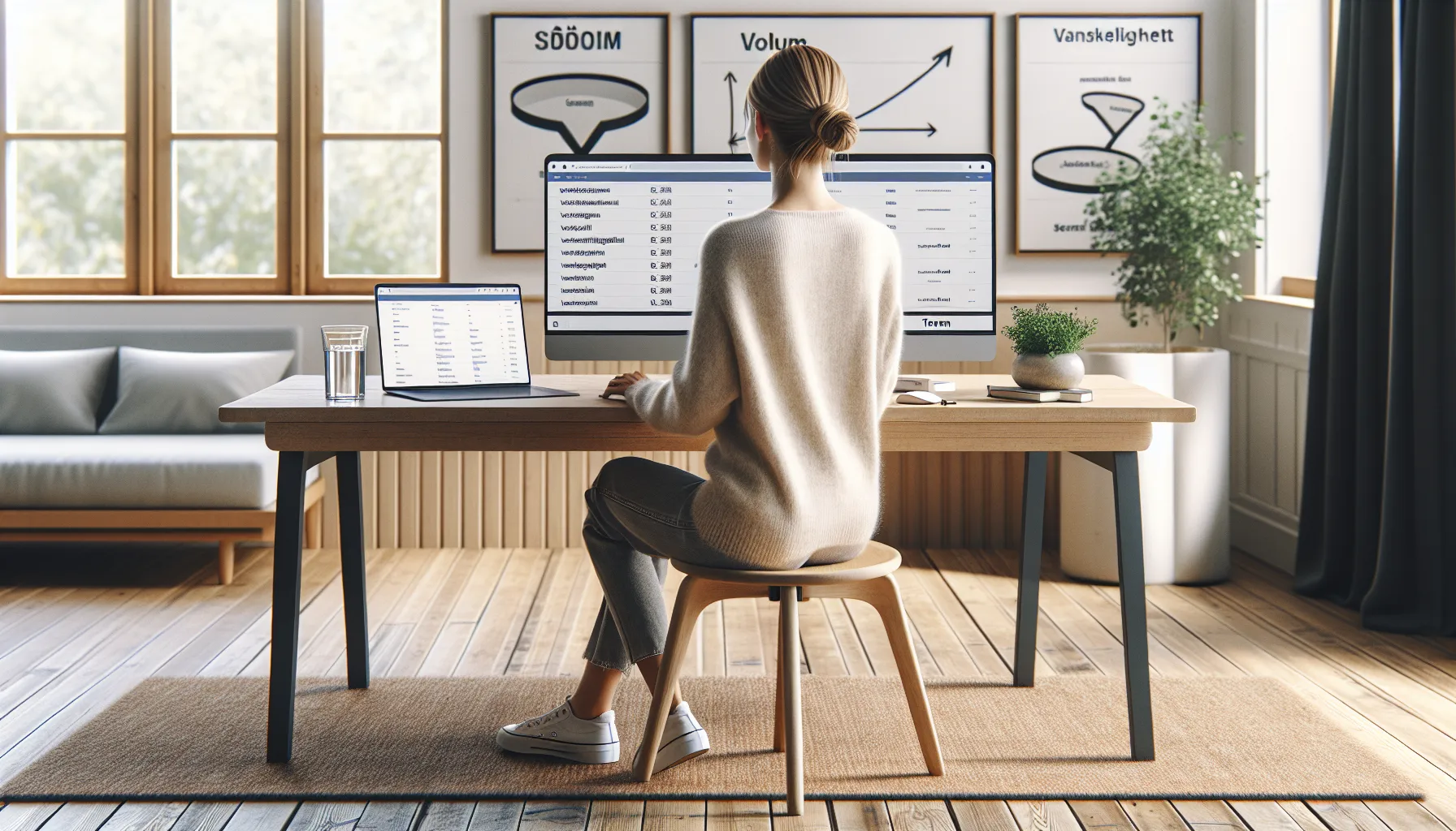 Hvordan lage en effektiv seo-strategi for helse- og velværebransjen 3 Norwegian marketer analyzes health and wellness seo keywords on screens in a calm office.