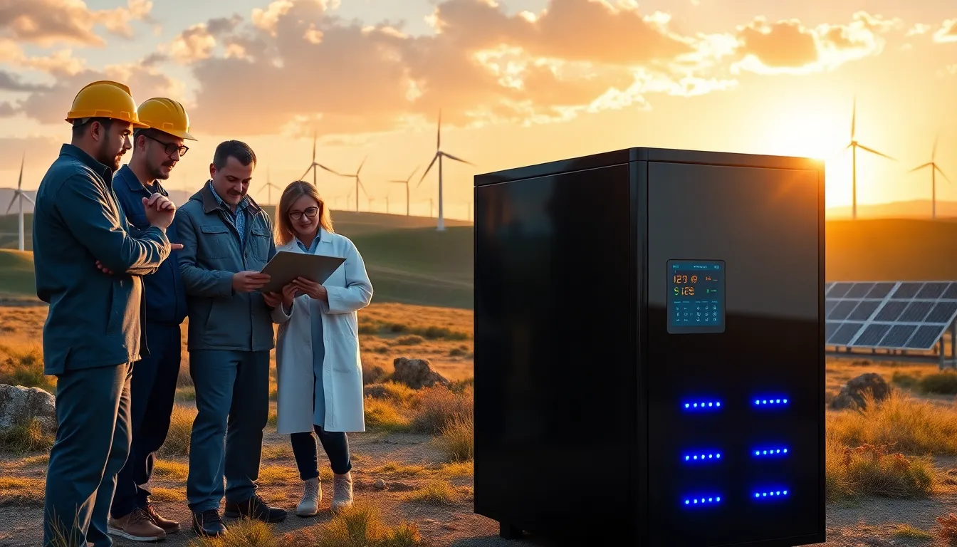 technicians inspecting a modern battery storage system in a sunset-lit landscape.