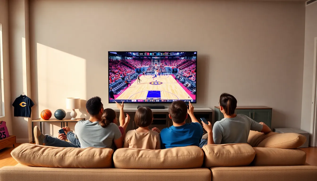 family enjoying a basketball game on TV in a modern living room.