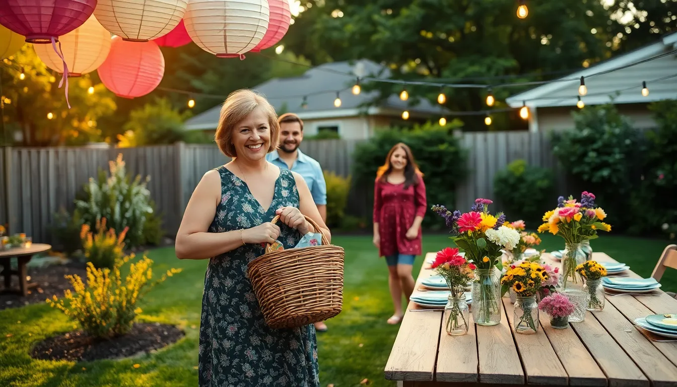 a diverse group setting up a budget-friendly celebration in a backyard.