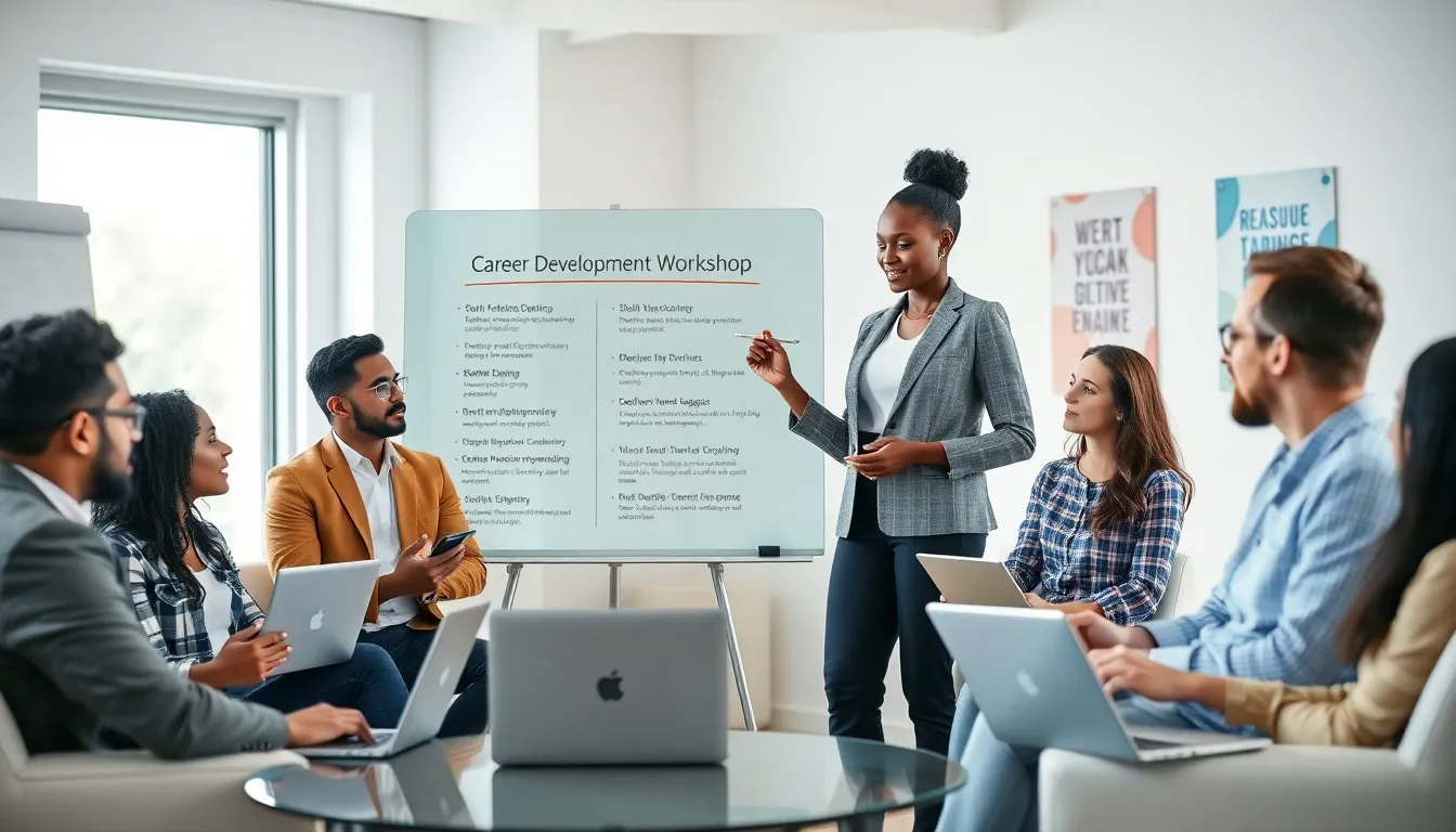diverse professionals participating in a career development workshop in a modern office.