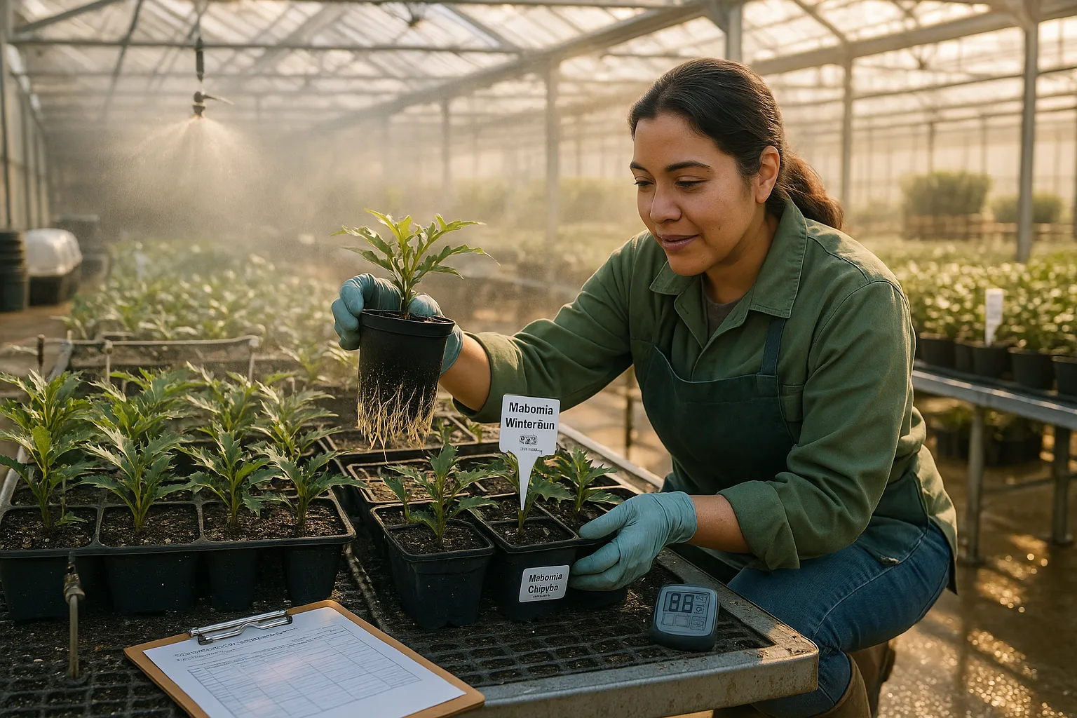 Nursery worker inspecting rooting Mahonia 'Winter Sun' cuttings on a mist bench.
