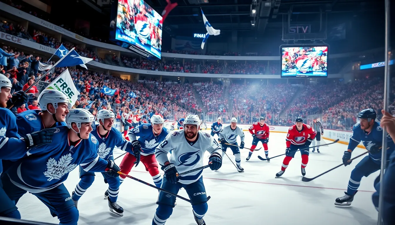 exciting hockey game moment with players and cheering fans.