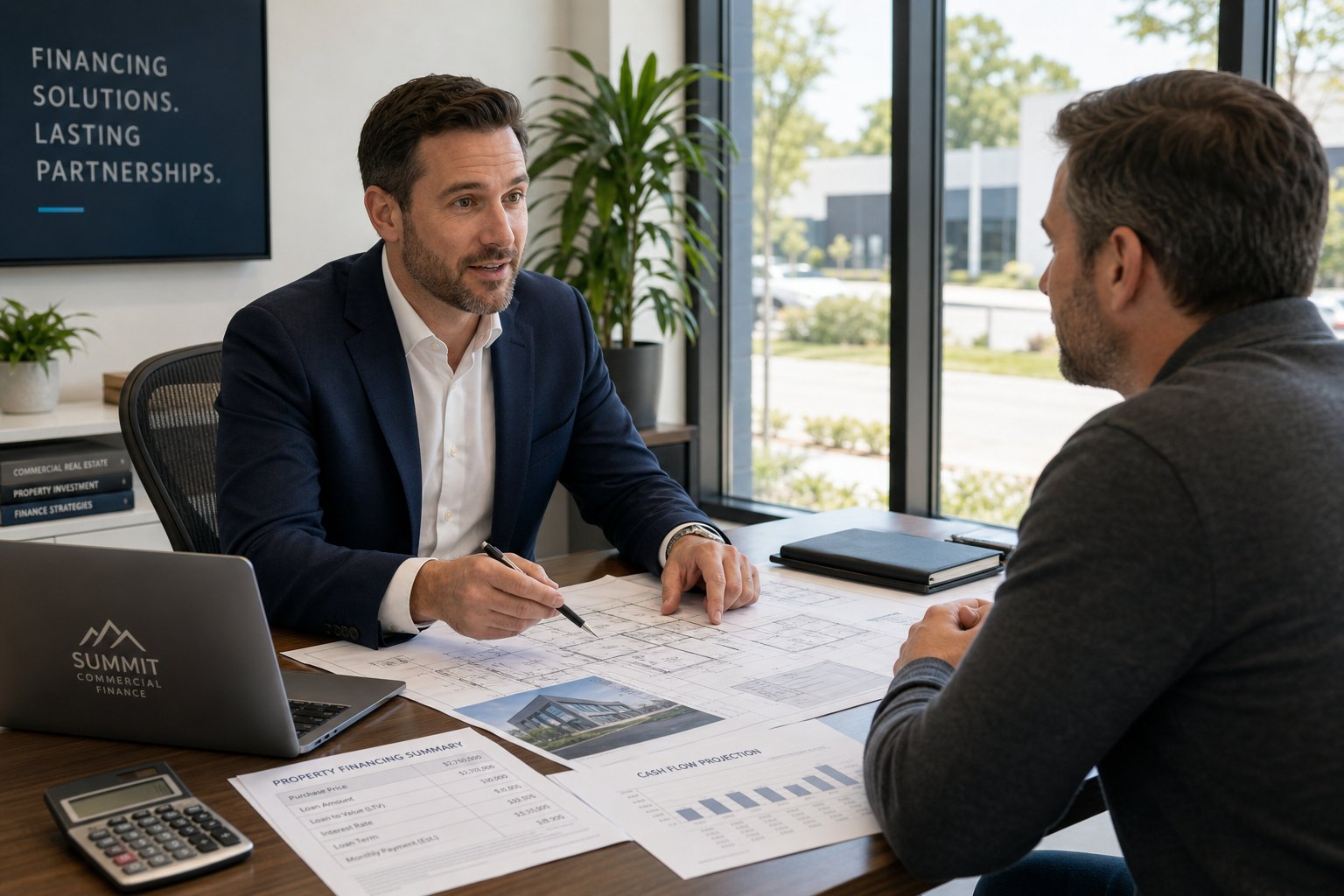 Commercial mortgage adviser meeting a business owner in a bright office with property plans and financial documents on the desk.