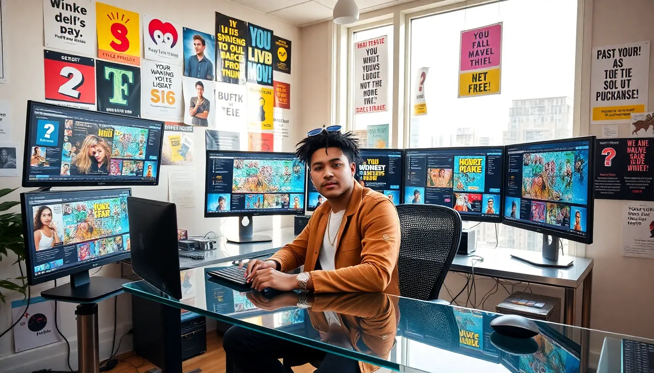 young content creator in a modern workspace with social media screens.
