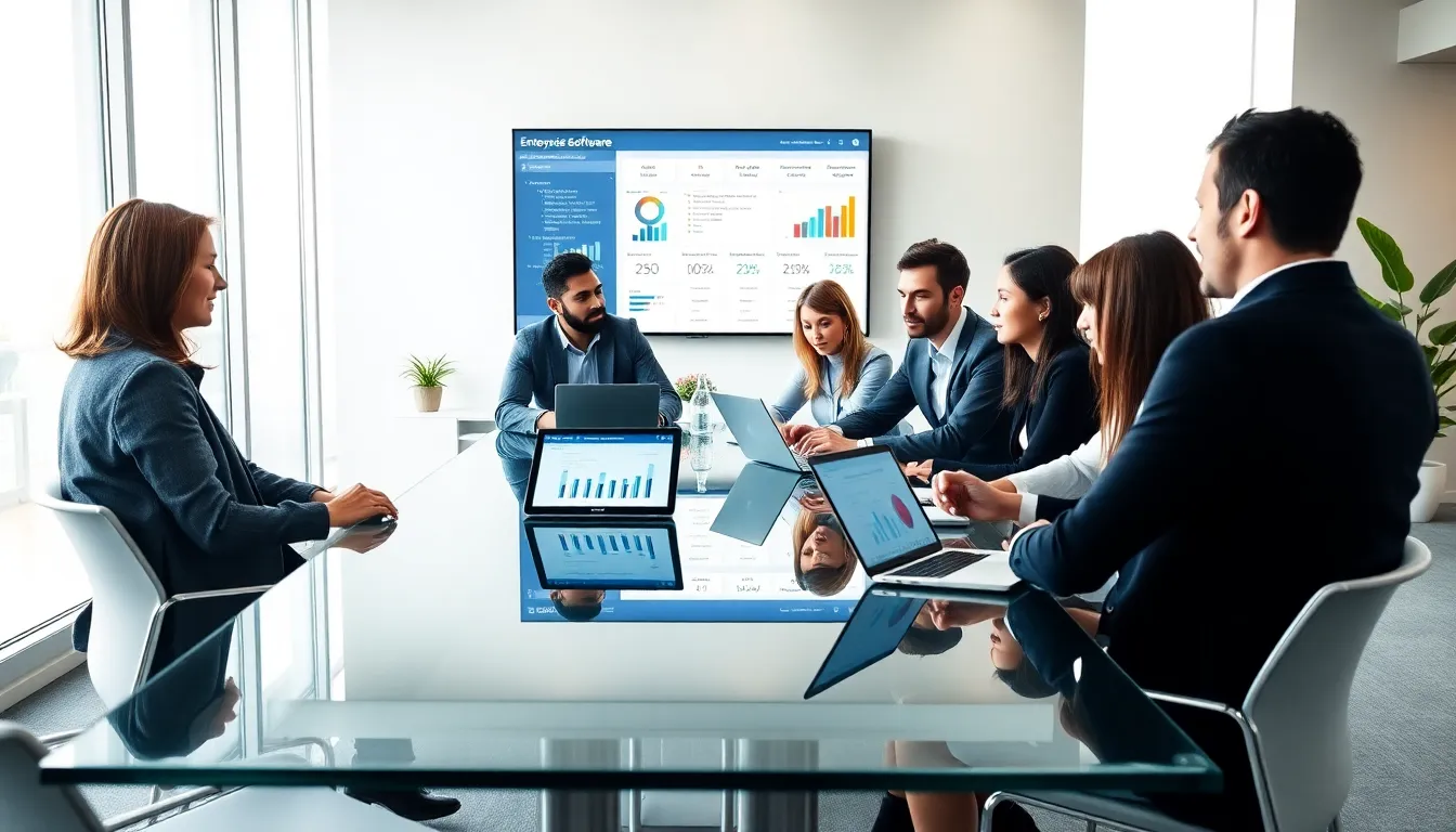 Diverse team discussing enterprise software in a modern office.