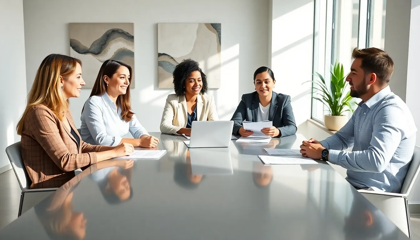 diverse professionals discussing fostering in a modern office setting.