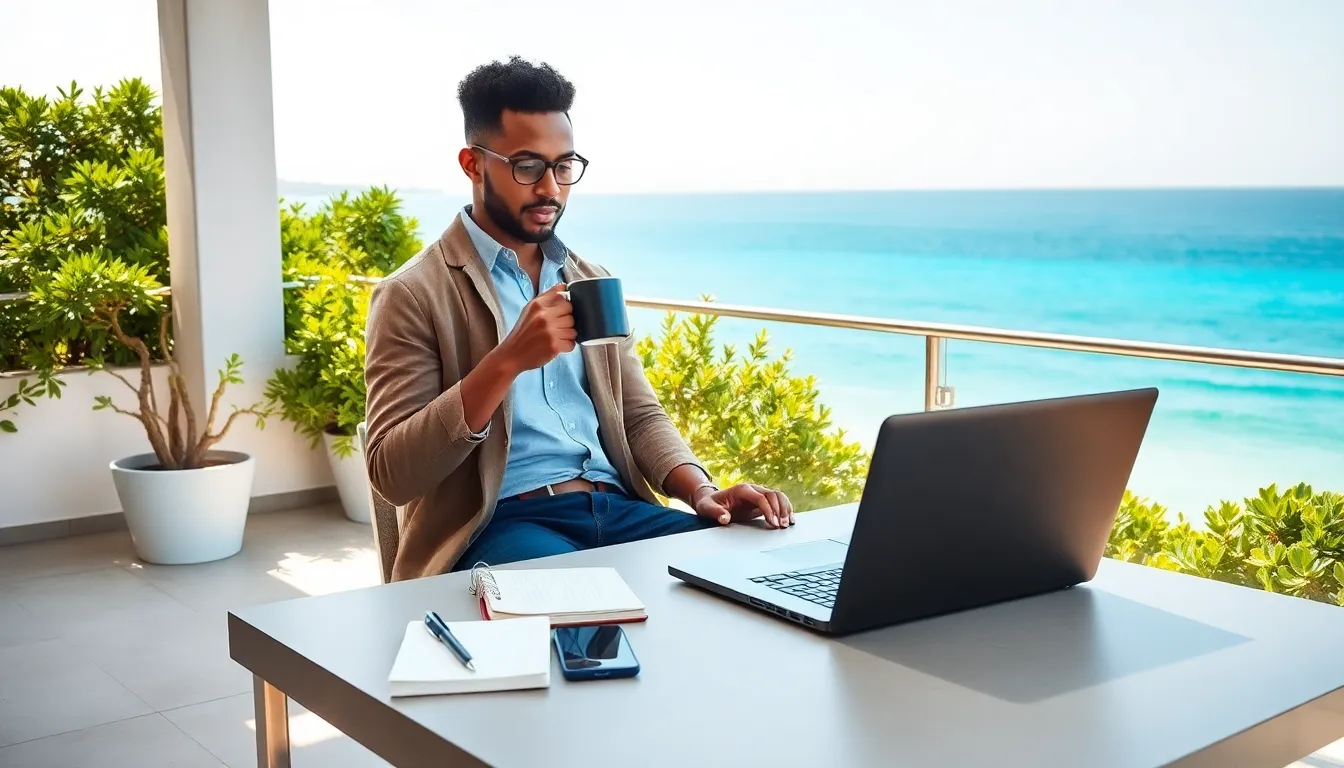 person working outdoors with a laptop and coffee by the sea.