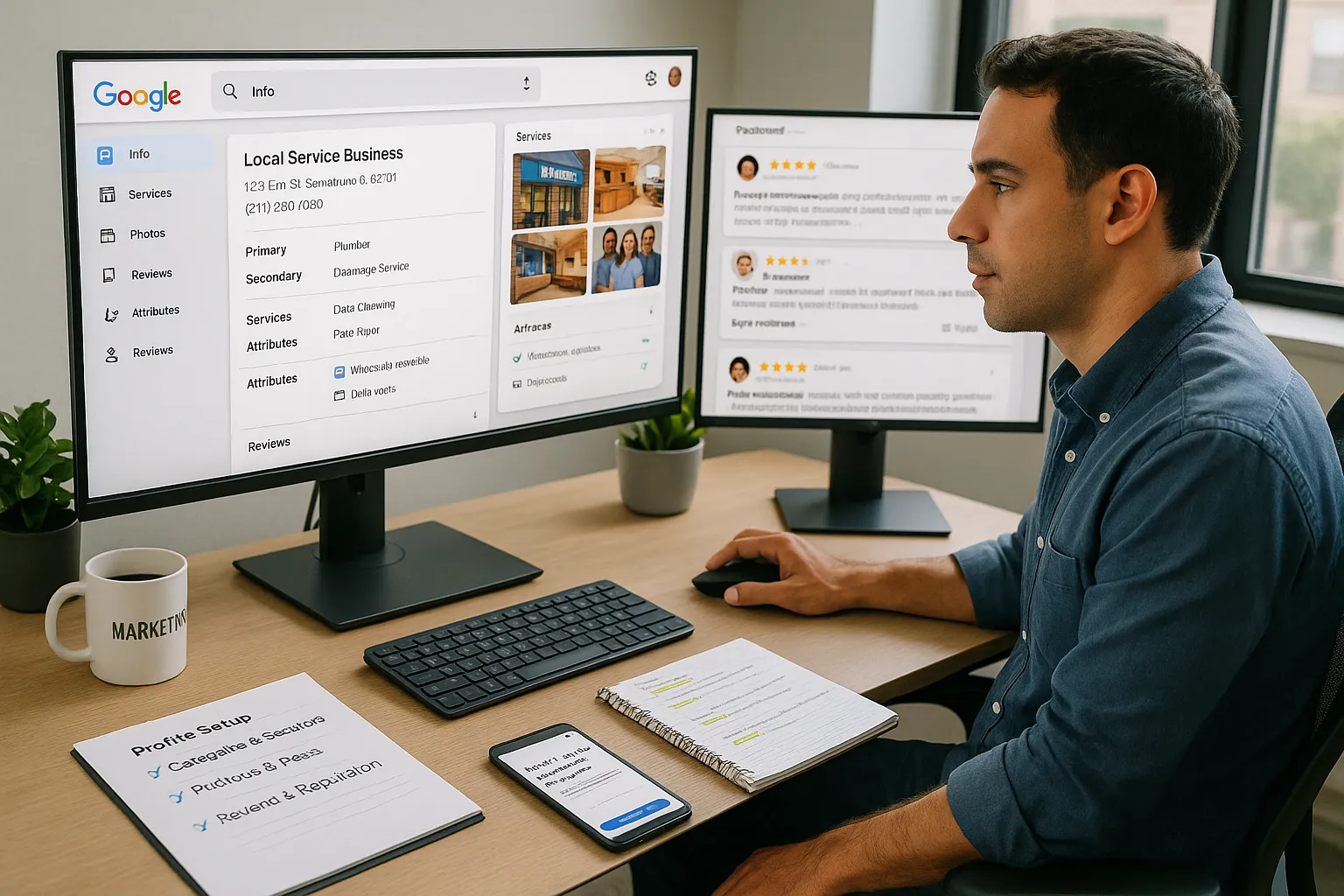 Marketer optimizing a Google Business Profile with photos, categories, and reviews on screen.
