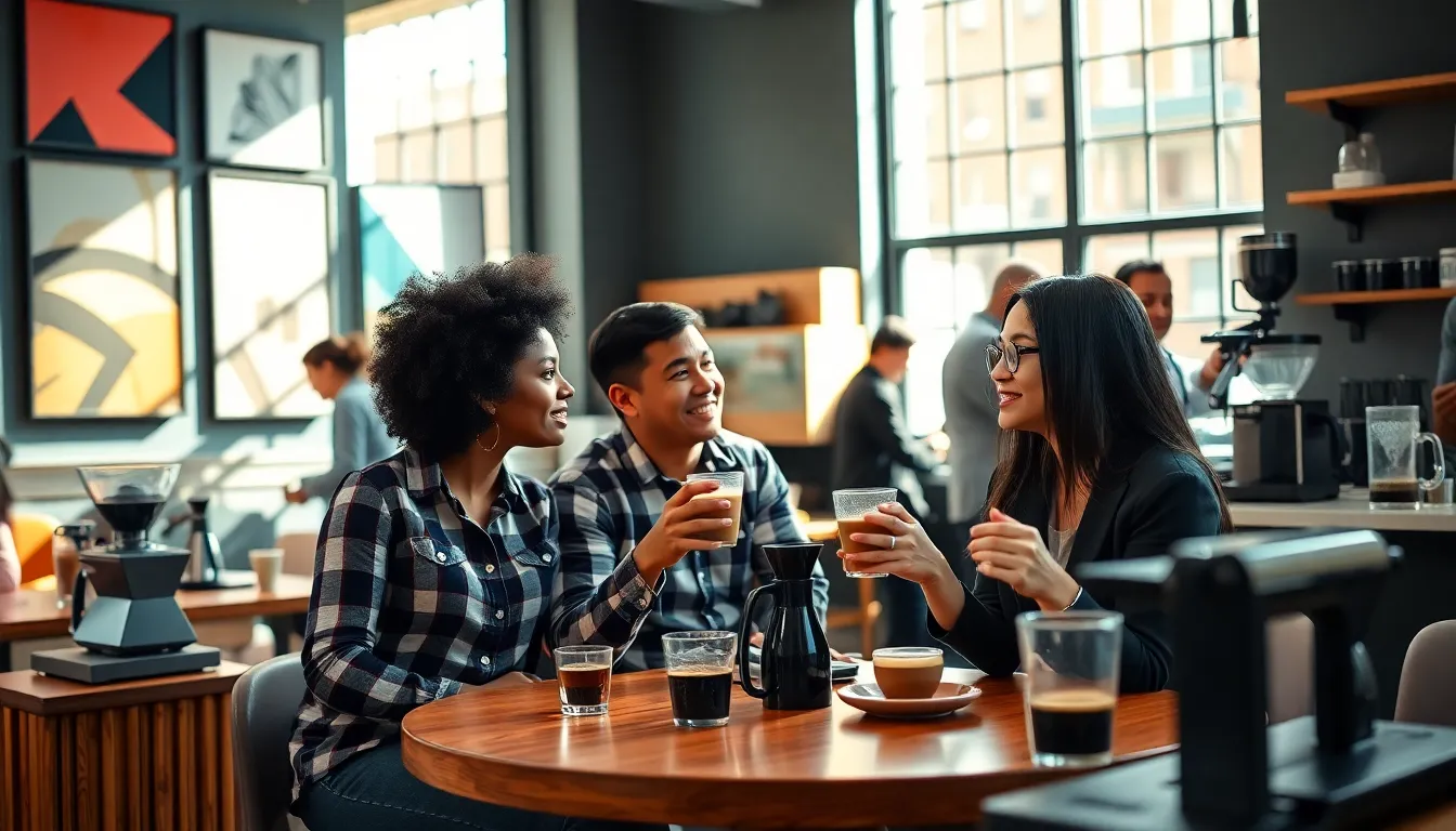 diverse group enjoying coffee in a modern NYC caf&eacute;.