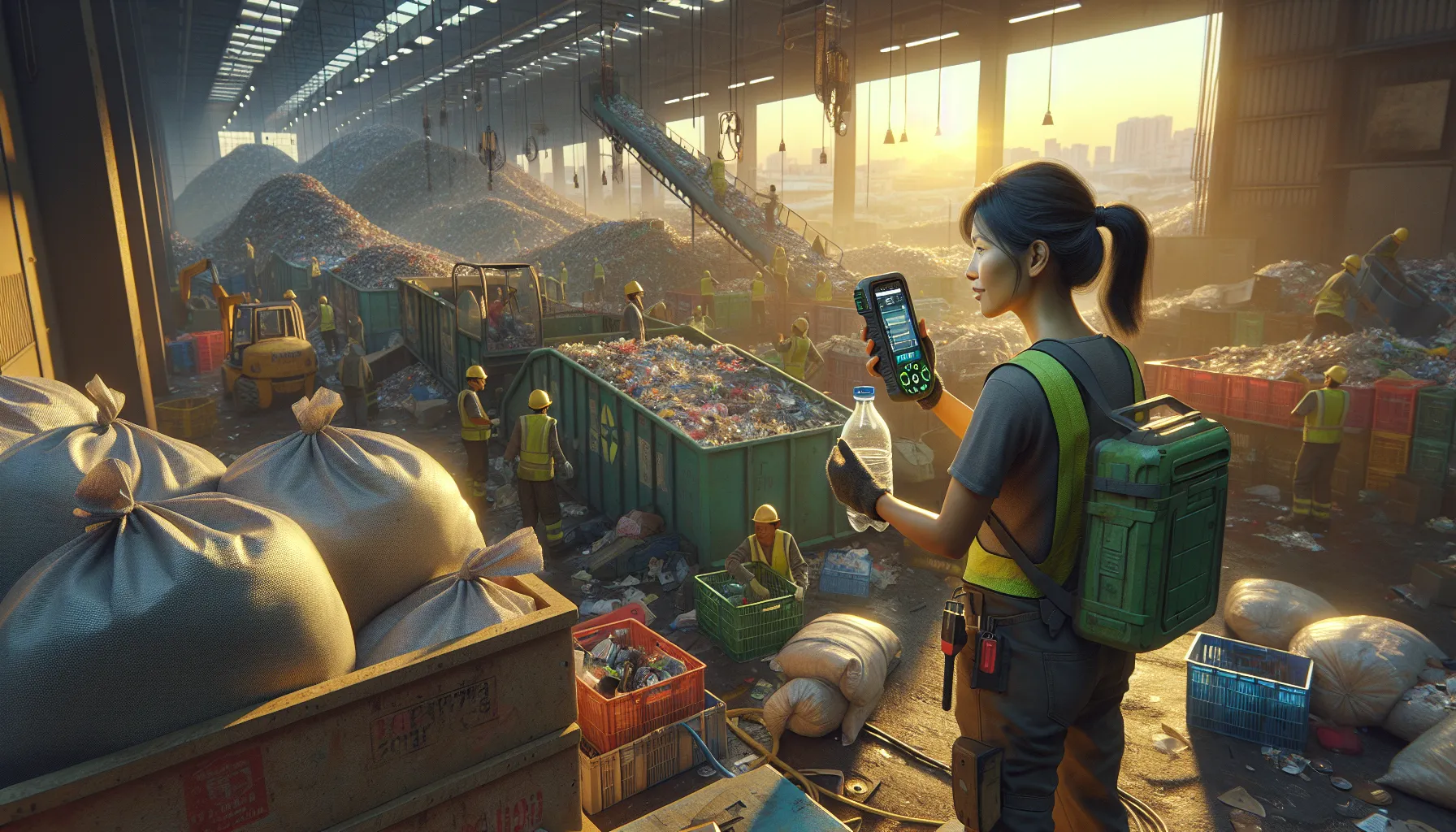 Recycling workers in a developing city use innovative tools to sort waste cleanly.