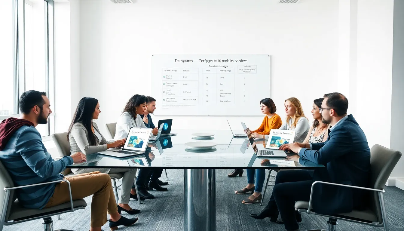 group discussing T Mobile cell phone plans in a modern office.
