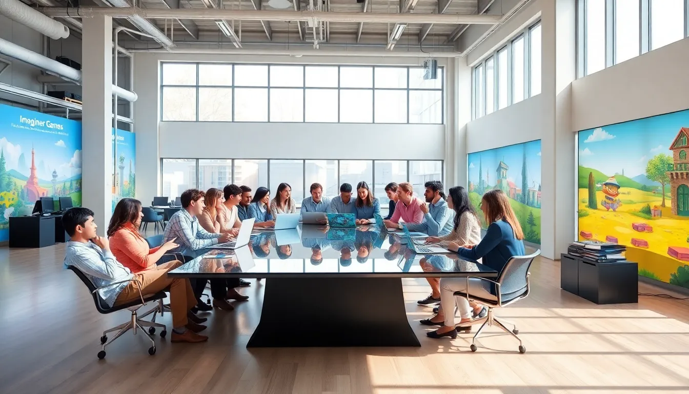 diverse team collaborating in a bright, modern gaming studio.