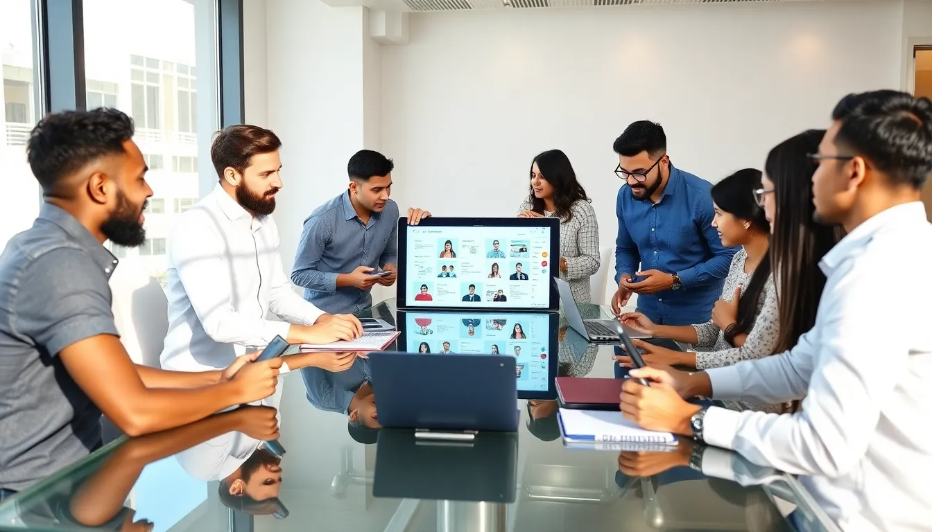 diverse team of app designers collaborating in a modern office.