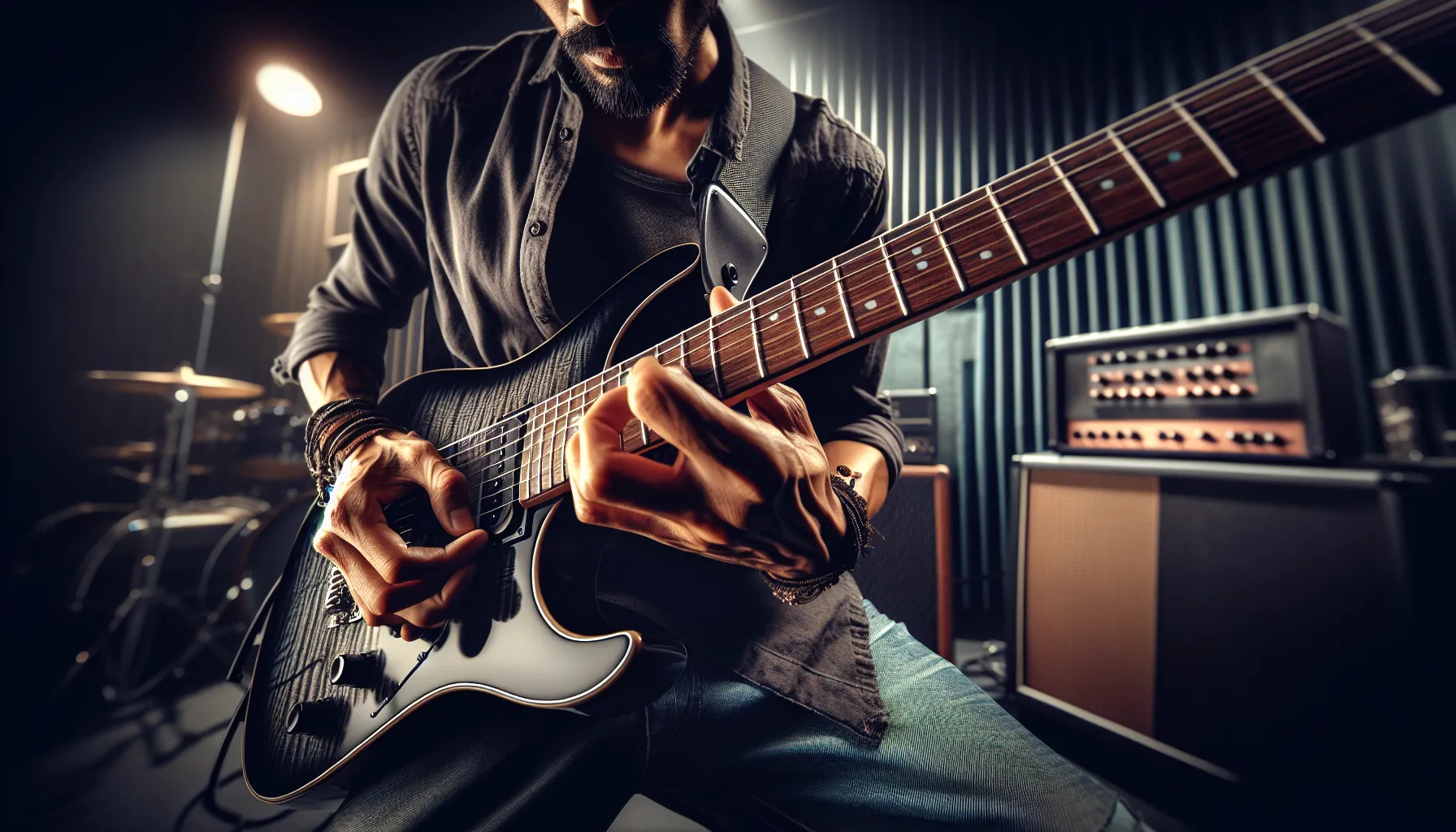 guitarist playing in Drop C tuning in a modern studio.