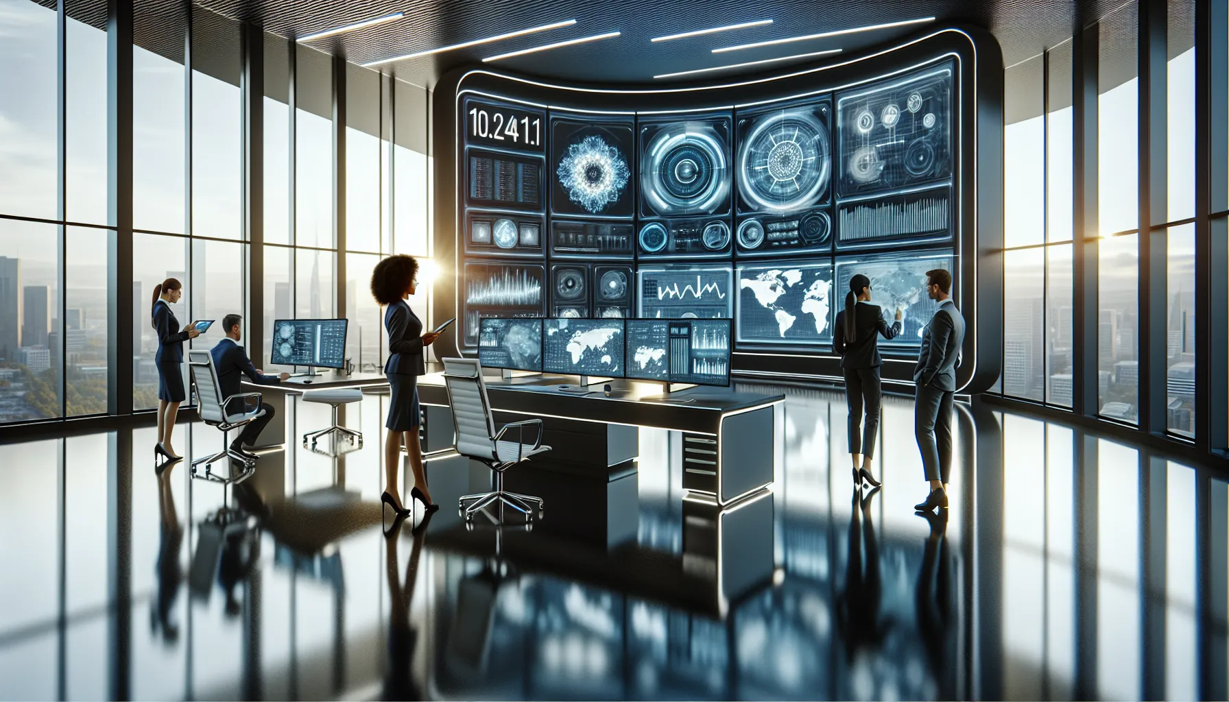 diverse professionals collaborating at a high-tech command center.