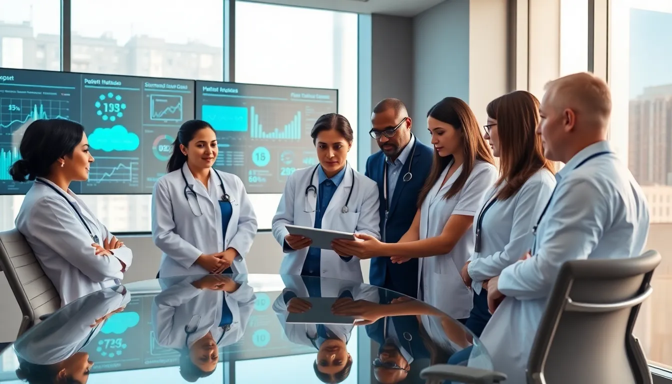 healthcare professionals collaborating over a digital tablet in a modern setting.