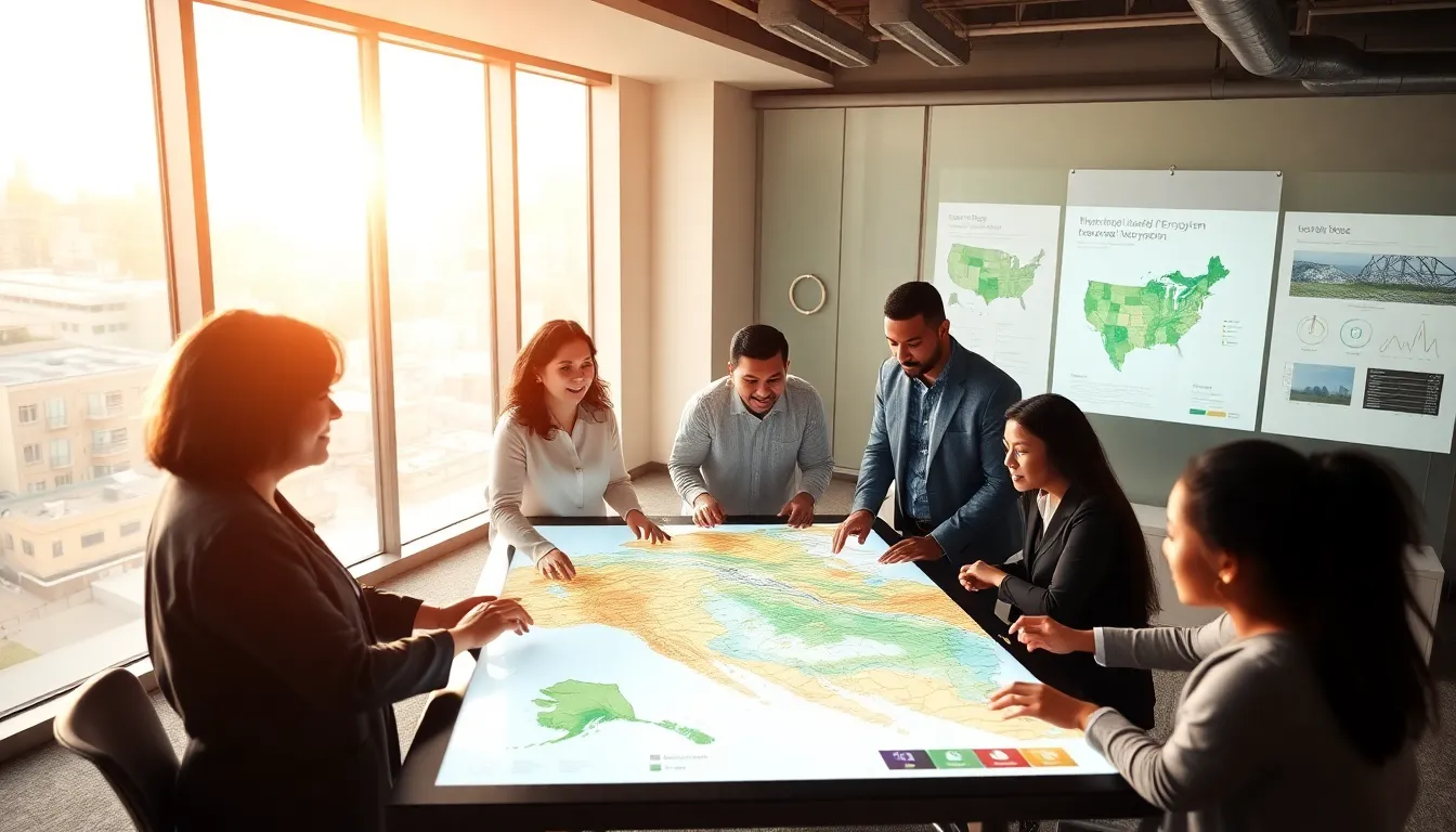 diverse professionals collaborating on a digital conservation platform.