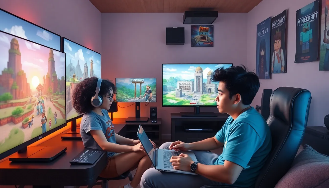diverse gamers collaborating in a Minecraft-themed gaming room.