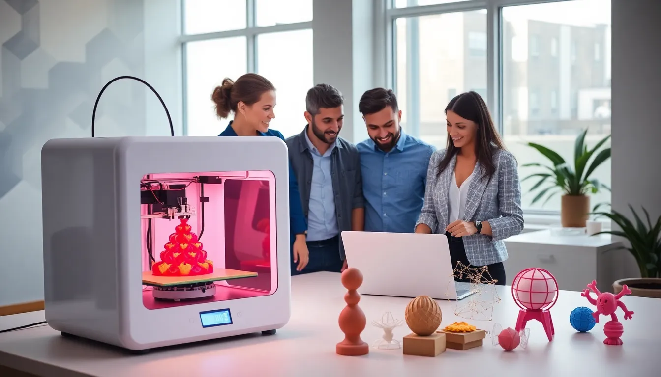professionals discussing 3D printed gifts in a modern office.
