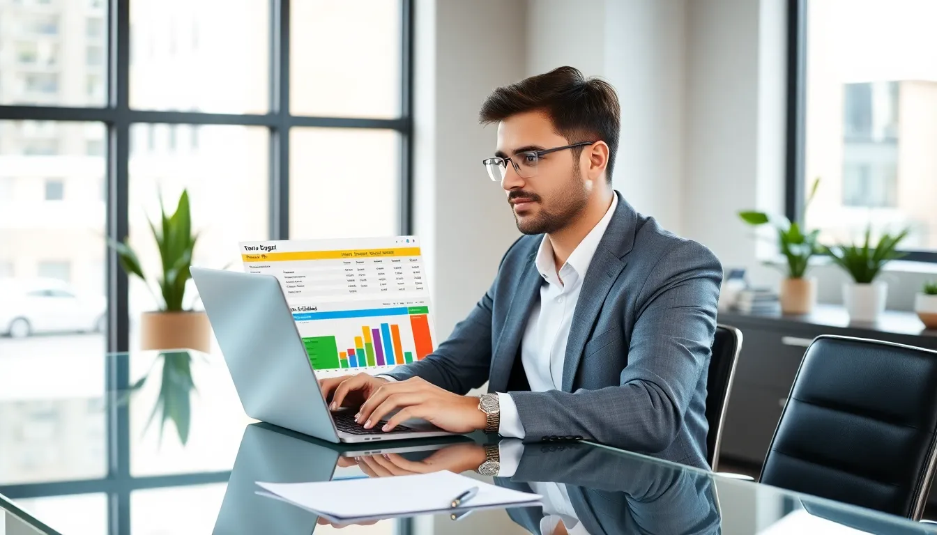 individual planning travel budget on laptop in modern office.