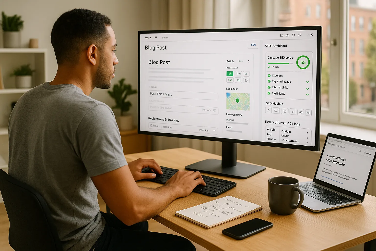 Marketer optimizing a Wix website with Rank Math–style SEO tools on screen.