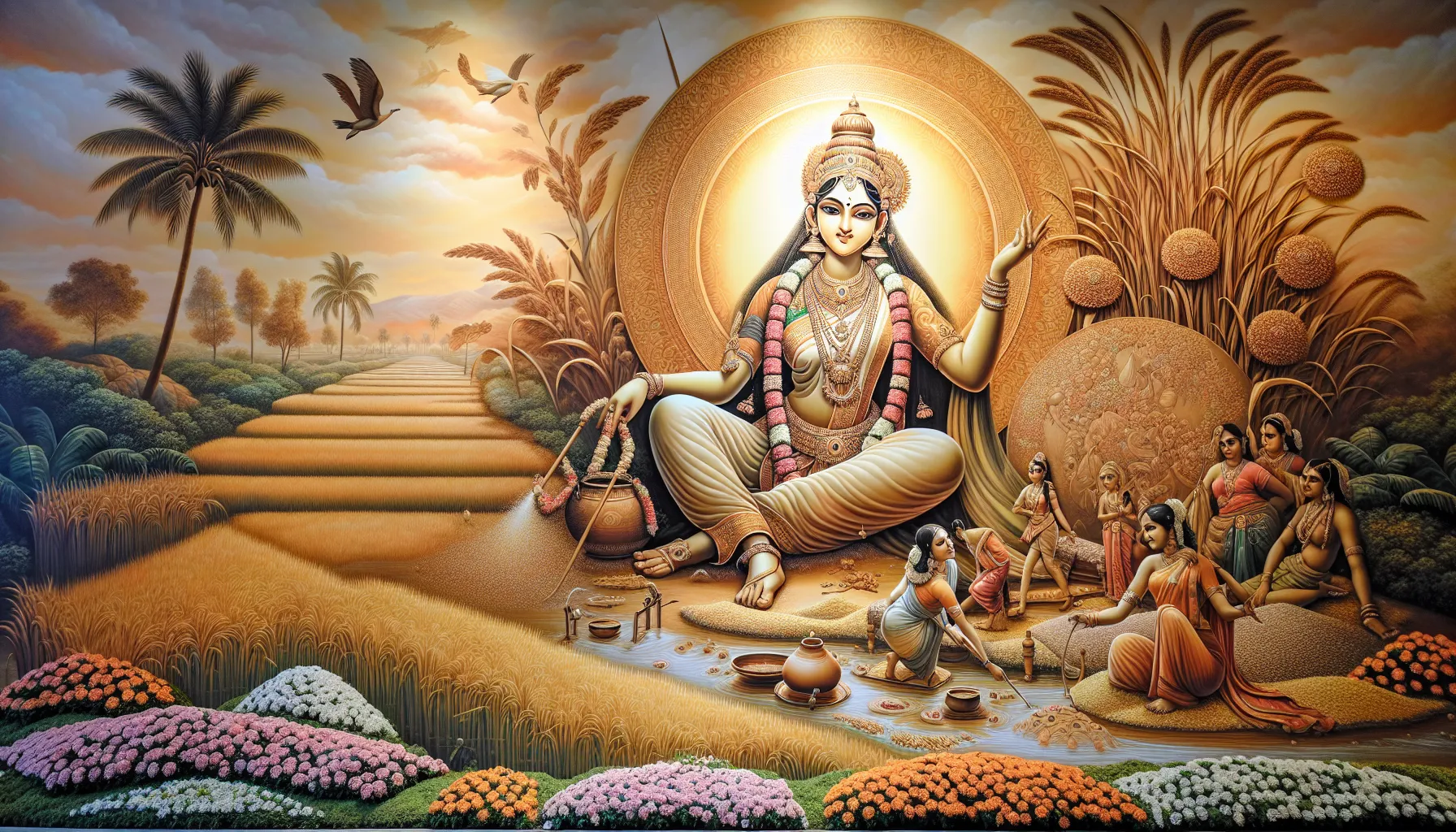 artistic representation of the goddess Gowthalamma in a lush landscape.