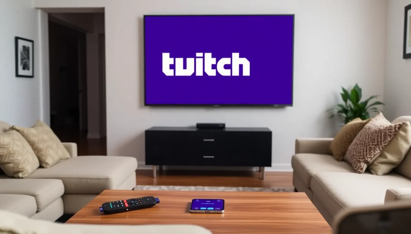 Roku TV displaying Twitch in a modern living room.
