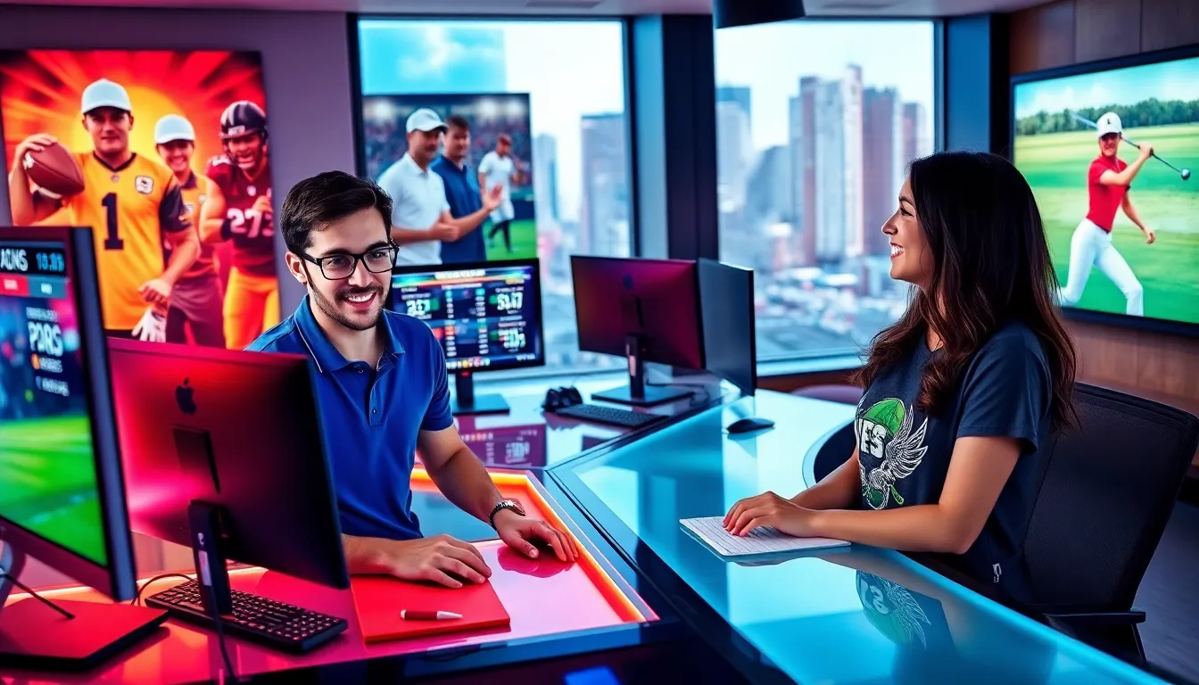 two young professionals working in a modern sports newsroom
