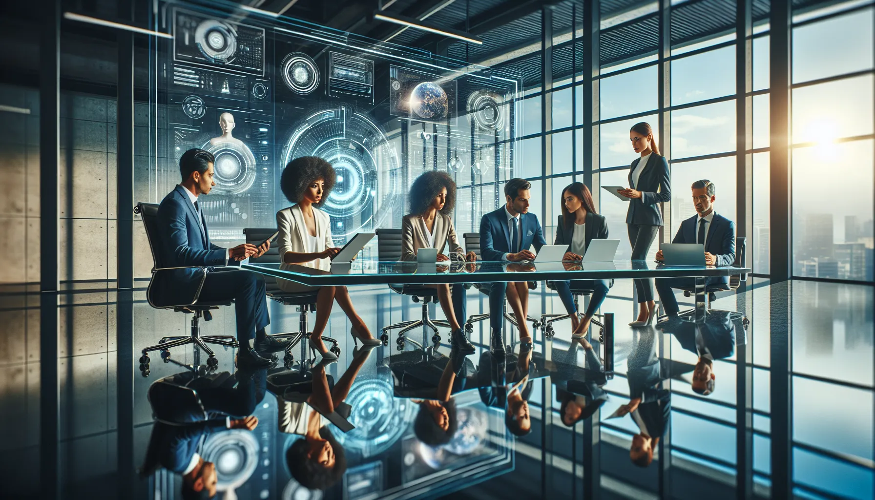 diverse team collaborating on Aliensync technology in a modern office.