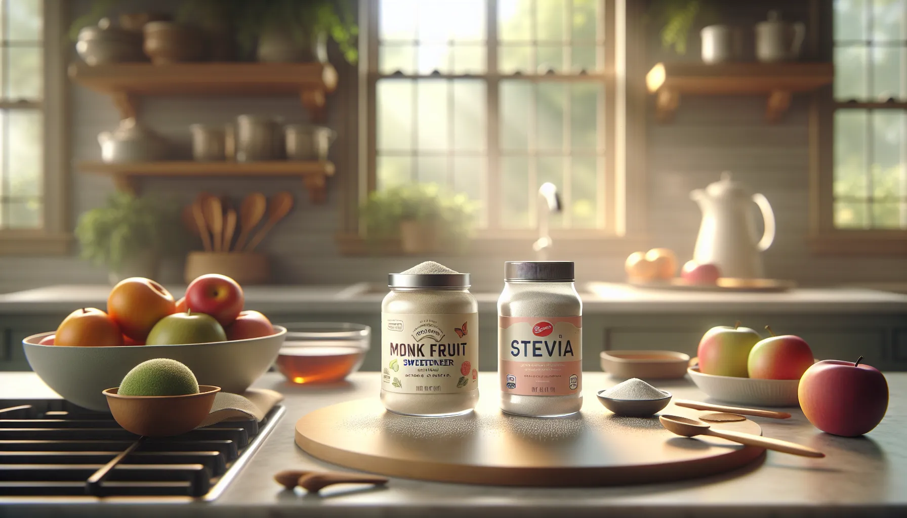 Jars of monk fruit and stevia on a kitchen counter.