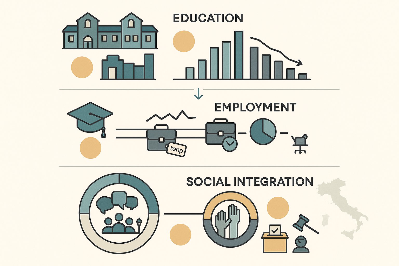 Infografica a tre livelli che mostra i risultati di istruzione, occupazione e integrazione sociale in Italia.