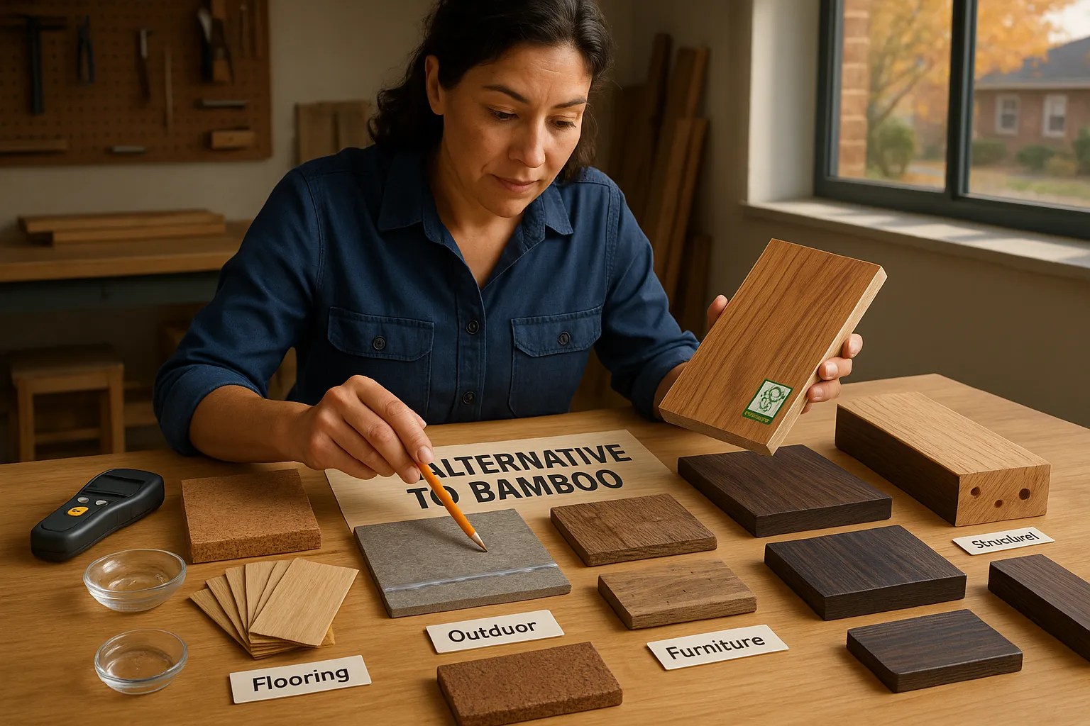 Contractor comparing engineered hardwood, LVT, cork, reclaimed wood, and decking samples.